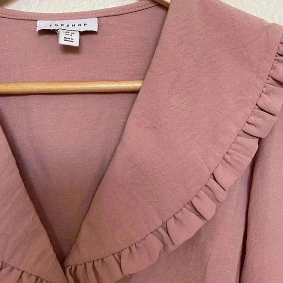 Topshop Womens Pink Large Collar Long Sleeve Ruffle Blouse - Picture 2 of 6